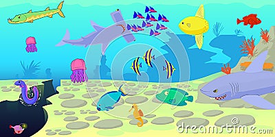 Ocean fish scene horizontal banner, cartoon style Vector Illustration