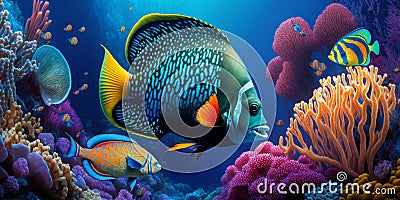 Ocean fishes, Coral reef underwater world, Generative Ai Cartoon Illustration