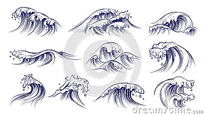 Ocean hand drawn waves. Sketch style sea storm blue water, curly foamy splashes, tsunami and tide vintage collection Vector Illustration