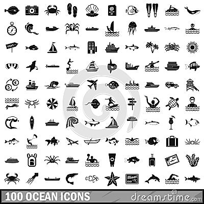 100 ocean icons set, simple style Vector Illustration