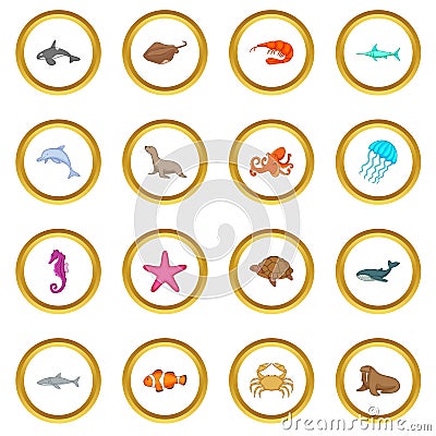 Ocean inhabitants icons circle Vector Illustration