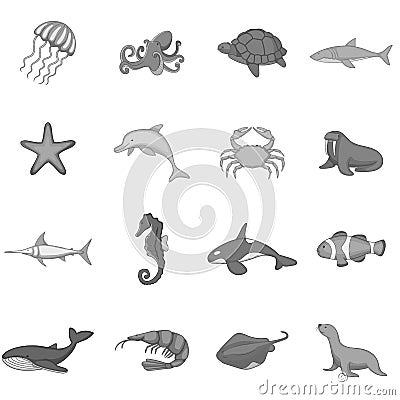 Ocean inhabitants icons set monochrome Vector Illustration
