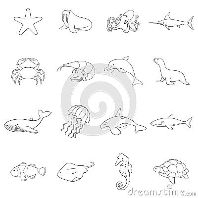 Ocean inhabitants icon set outline Vector Illustration