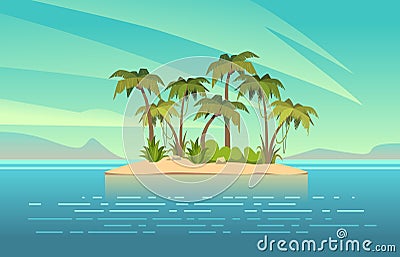 Ocean island cartoon. Tropical island with palm trees summer landscape. Sand beach and sun in blue sky. Travel vacation Vector Illustration