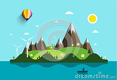 Ocean Landscape with Island Vector Illustration