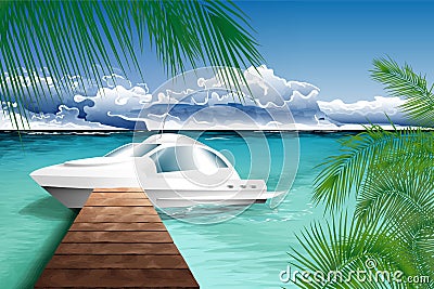 Ocean landscape with yacht. Vector Illustration
