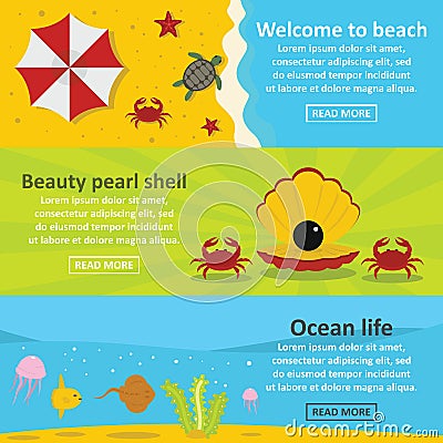 Ocean life banner horizontal set, flat style Vector Illustration