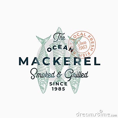 Ocean Mackerel Smoked and Grilled. Abstract Vector Sign, Symbol or Logo Template. Hand Drawn Mackerel Fish with Premium Vector Illustration