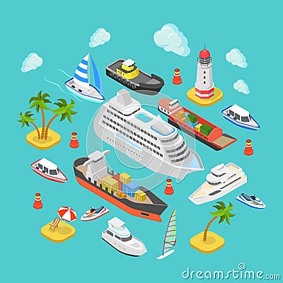 Ocean nautical water transport logistics flat isometric vector Vector Illustration