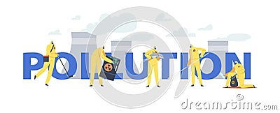 Ocean Oil Pollution, Ecological Catastrophe Concept. Characters in Suits and Gas Masks Cleaning Polluted Sea Beach Vector Illustration