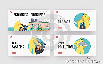 Ocean Oil Pollution Ecological Problem Landing Page Template Set. Characters in Protective Suits and Masks Clean Beach Vector Illustration