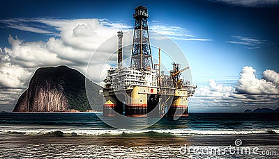 Ocean oil refinery station with crude extraction from ocean outline concept. Fuel drilling from sea with large heavy Stock Photo
