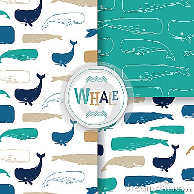 Ocean Patterns With Sperm Whale / Cachalot On White Background. Vector Illustration
