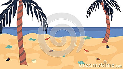 Ocean Pollution Concept, Lots Of Trash On The Beach. Dirty Polluted Seaside Covered With Plastic And Other Garbage Vector Illustration