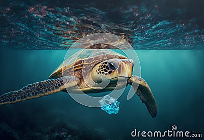 Ocean pollution marine debris turtle plastic waste Cartoon Illustration