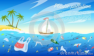 Ocean pollution. Plastic bottle and bags, rubbish, trash, household waste in the water. Environmental problem Vector Illustration