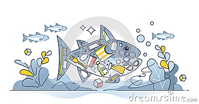 Ocean pollution and plastic concentration as wildlife danger outline concept Vector Illustration