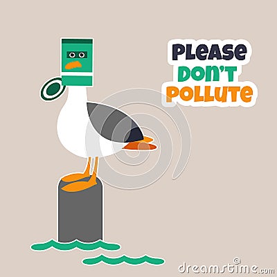 Eco poster Stop pollution with sad seagull Vector Illustration