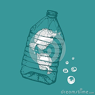 Ocean pollution vector illustration. Fish in a plastic bottle. Ecological poster. Keep the sea, plastic free concept. Vector Illustration