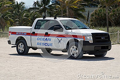 Ocean rescue truck on South Beach in Miami Editorial Stock Photo