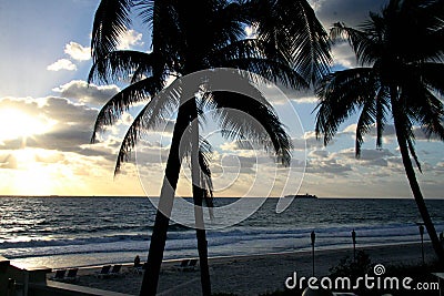 Ocean and sand and palm with ship Stock Photo