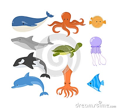 Ocean and sea animal set. Collection of aquatic creature Vector Illustration