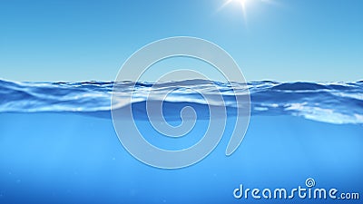 Ocean or sea in half water half sky. Rays of sunlight shining from above penetrate deep clear blue water. Realistic dark Stock Photo