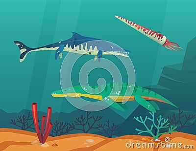 Ocean or sea with underwater dinosaurs or dino Vector Illustration