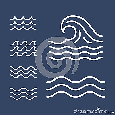 Ocean, sea waves flat simple lines, icons Vector Illustration