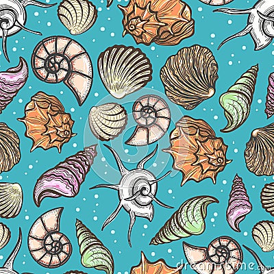 Ocean seamless pattern with colorful seashells Vector Illustration