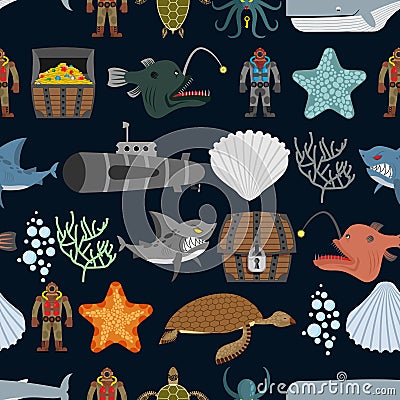 Ocean seamless pattern. Ocean inhabitants. Starfish and shark o Vector Illustration