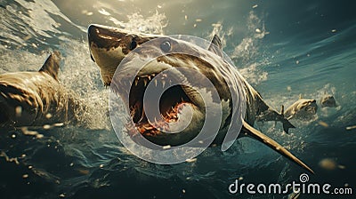 Ocean shark. Open toothy dangerous mouth with many teeth. Underwater blue sea waves clear water shark swims forward Stock Photo