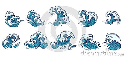 Ocean storm round wave set Vector Illustration