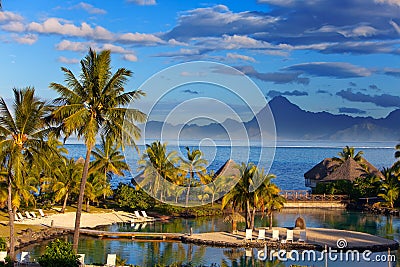 Ocean at sunset. Polynesia. Tahiti.Landscape Stock Photo