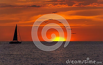 Ocean Sunset Sailing Fantasy Stock Photo