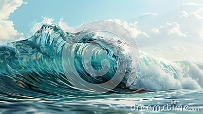 Ocean surfing wave in tube form on a sunny day with light. Hyperrealistic. Stock Photo