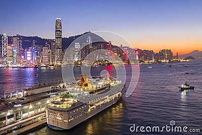 Ocean Terminal and Victoria Harbour sunset of Hong Kong Editorial Stock Photo