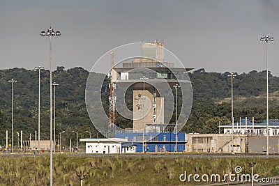 Control tower and buildings of the new CocolÃ­ Locks Panama Canal expansion Editorial Stock Photo