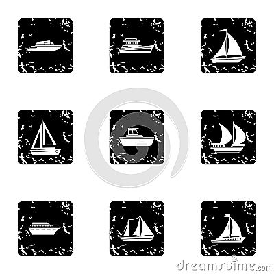 Ocean transport icons set, grunge style Vector Illustration