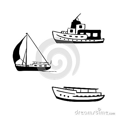 Ocean transport set. Sailing and motor boats, yacht. Vector Illustration
