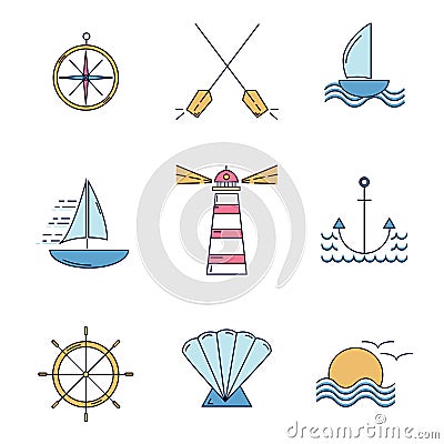 Ocean travel thin line icons in color Vector Illustration