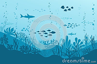 Ocean Underwater Background with Fishes, Sea plants and Reefs. Vector Vector Illustration