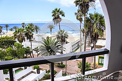 Ocean view room balcony palm trees Stock Photo