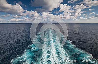 Ocean view from cruise vessel with wake trace Stock Photo