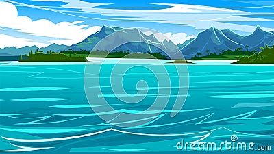 Ocean view of the waterline. Seashore with mountains, jungles and beaches. Horizon. Blue water surface, calm azure waves. Vector Vector Illustration