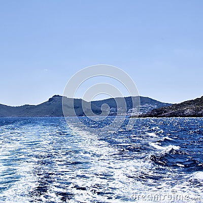 Ocean Wake Behind Ferry in Greece Stock Photo