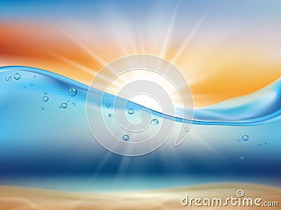 Ocean wave background with sun. Water landscape with sunrise or sunset and underwater life liquid surface splashes drops Vector Illustration