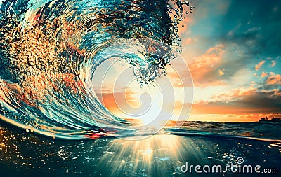 Sunset ocean surfing wave lip against sunlight Stock Photo