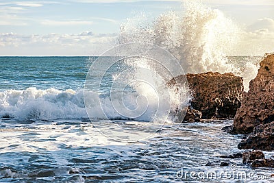 Ocean waves break against the rocks, Portugal, beautiful nature Stock Photo