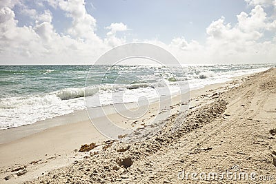 Ocean Waves Breaking On Empty Sandy Spanish Beach Stock Photo